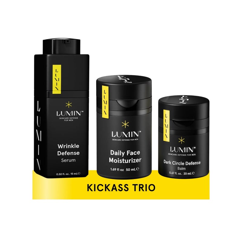 Lumin - Kickass Trio - Daily Face Moisturizer, Wrinkle Defense Serum & Dark Circle Defense Balm, Anti-aging skincare routine for men, Help with Clogged Pores, Dark Circles, Fine Lines, Wrinkles - Image 1